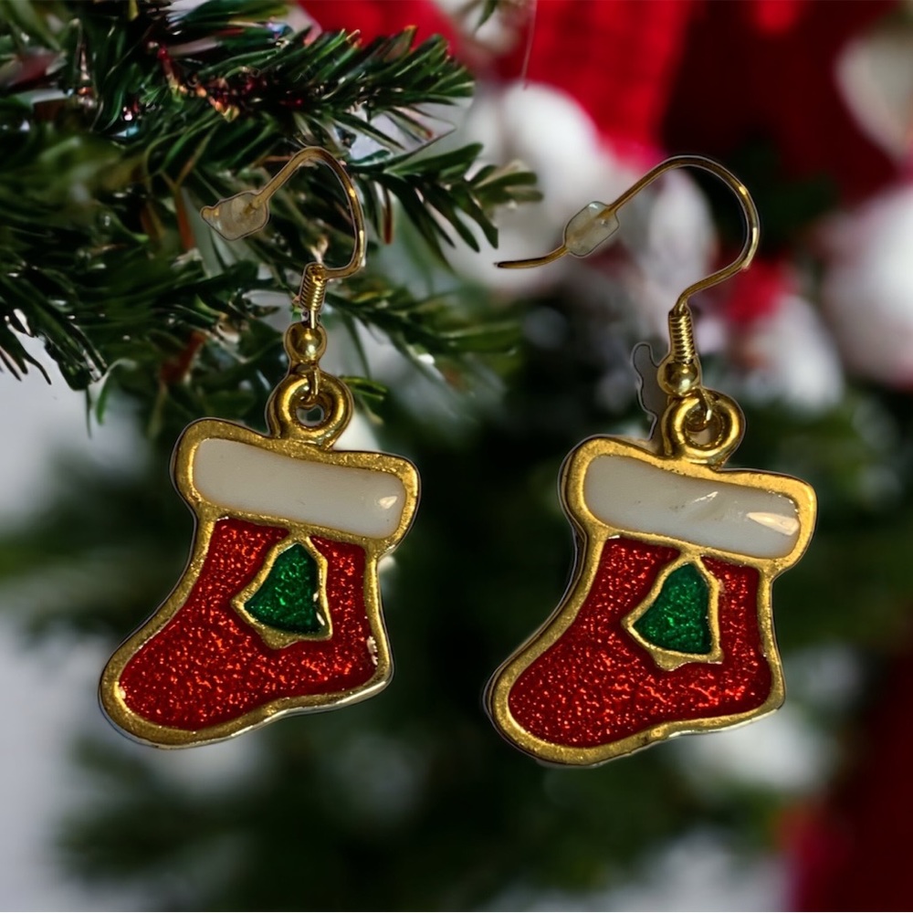 Retro 1990’s whimsical stocking earrings. Gold and enamel.